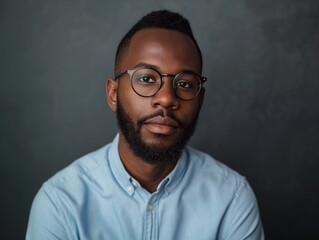A portrait of an African American man with short hair and beard, wearing glasses, looking directly at the camera against a dark grey background.