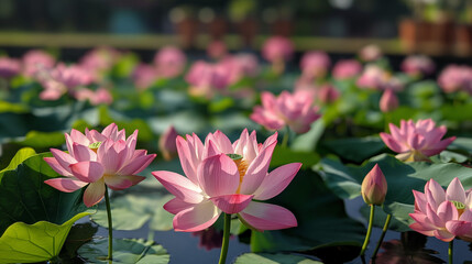 Obraz premium The lotus pond is full of lotus leaves. There are several pink and white lotus flowers in full bloom.