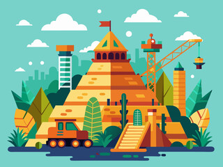 Obraz premium An ancient pyramid with modern construction equipment around