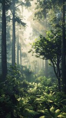 Obraz premium Sunlight filtering through lush green forest with dense foliage, ethereal morning atmosphere. Serenity and nature concept