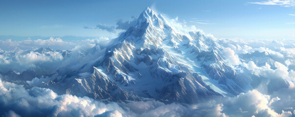 Fototapeta premium A snow-capped mountain peak piercing the clouds, its slopes covered in a blanket of fresh snow.