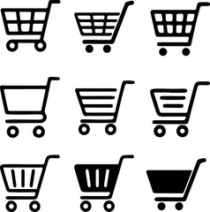 Pixel perfect thin line icon set of shopping cart trolley basket. Isolated on a transparent background. Simple flat design	