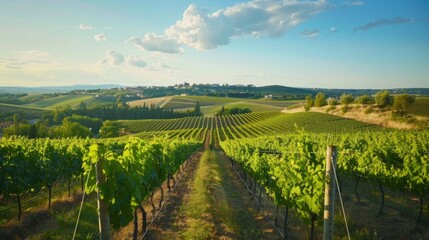 Naklejka premium A picturesque vineyard with orderly rows of grapevines stretching across the countryside. 
