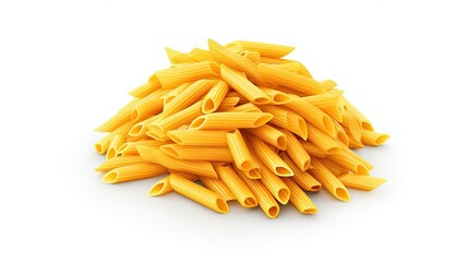Fototapeta premium A pile of dry pasta on a white background. The pasta is a short-cut, tubular shape with a hole running through the center.
