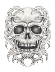 Skull tattoo surreal art design by hand drawing on paper.