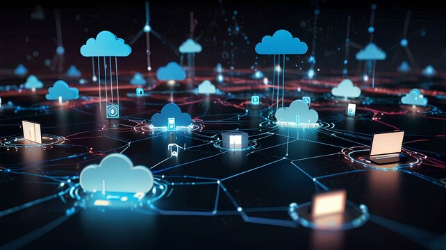 Data flows seamlessly between floating cloud icons connected by lines symbolizing data transfer