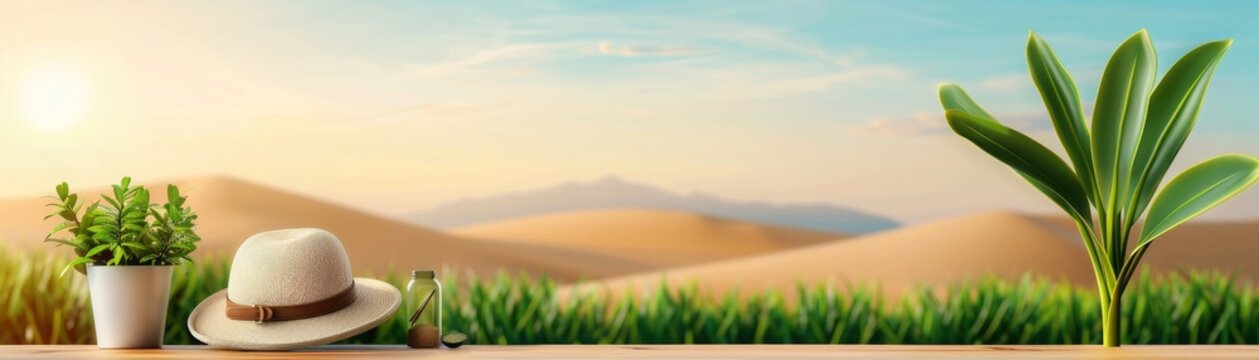 Straw hat, potted plant, and palm tree against a grassy hillside.