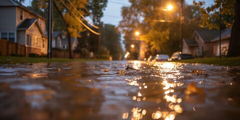 Fototapeta premium A photo of a post-apocalyptic cityscape with water, trees and debris on the streets. This illustrates the concept of environmental catastrophe, floods, climate emergency, and global warming.