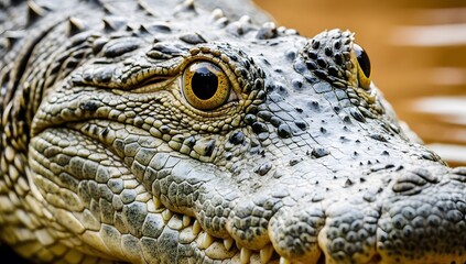 Fototapeta premium Close-up macro photo of wild crocodile eyes, yellow eyes with green crocodile body. With a crocodile head in the background