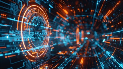 Fototapeta premium A futuristic visualization of a high-speed data tunnel, with glowing blue and orange rings, representing fast data transfer and advanced technological networks.