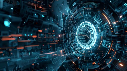  A high-tech visualization of a data portal with concentric circles and glowing elements, representing advanced data processing and digital connectivity.