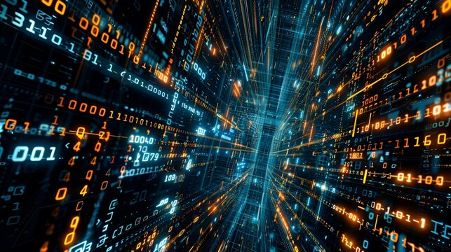 features a stream of binary code (ones and zeros) flowing through a digital space, representing data processing and the core of digital communication.