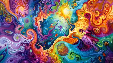 A vibrant, swirling abstract pattern with a mix of bright colors like red, yellow, green, and blue, evoking a sense of energy and creativity.