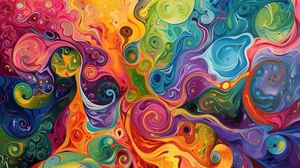 Fototapeta premium A vibrant, swirling abstract pattern with a mix of bright colors like red, yellow, green, and blue, evoking a sense of energy and creativity.