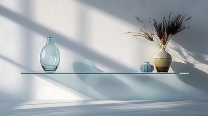Sleek glass shelf reflecting the soft morning light, against a clean, matte white wall for a product showcase. This minimalist setup emphasizes clarity and simplicity.