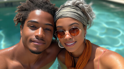 Young couple smiling and taking a selfie in the pool. Enjoying a sunny day by the water.