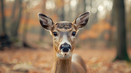 Deer Gazing in Autumnal Forest Clearing with Blurred Background
