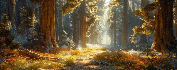 Ancient sequoia forest with towering trees and filtered sunlight, woodland giants, arboreal wonder.
