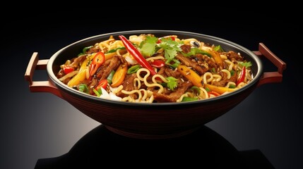 Fototapeta premium A delicious and healthy meal of stir-fried noodles with beef, vegetables, and spices.