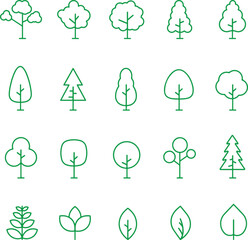 Thin line icon set of green trees in various shapes. Forest, nature, tree concept. Pixel perfect icons flat vector illustrations editable stroke isolated on transparent background