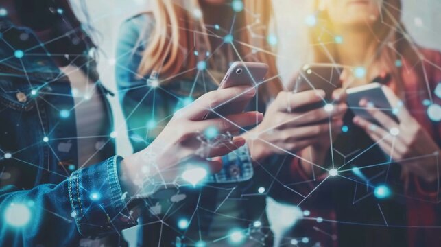 A group of friends addicted to fun, using mobile smartphones. Close-up of people's hands sharing content on social media networks. technology concept with millennials engaging online via cellphones.