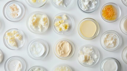 Top down view of cosmetics on white Petri dishes illustrating skincare and dermatology research on organic products