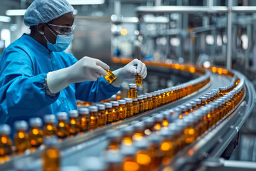 Obraz premium Black pharmacist wearing protective sanitary gloves examining medical vials on production line conveyor belt in medical healthcare mass production factory 