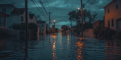Fototapeta premium A photo of a post-apocalyptic cityscape with water, trees and debris on the streets. This illustrates the concept of environmental catastrophe, floods, climate emergency, and global warming.