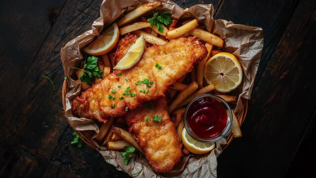 Delicious Fish And Chips With Lemon And Ketchup