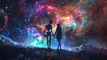 Fototapeta premium A couple in love – a woman and a skeleton man - on a space trip, surrounded by neon lights and stars, reveal secrets.