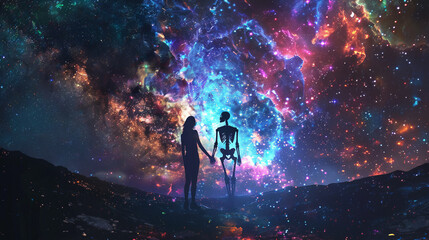 Fototapeta premium A woman and a skeleton of a man in endless space, surrounded by neon light paths and stars, reveal astral secrets.