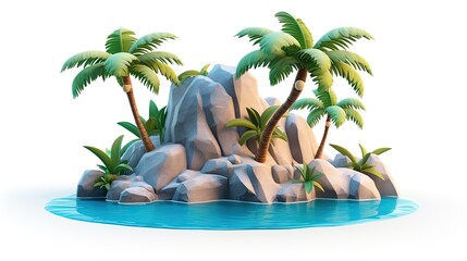 Fototapeta premium Small rocky island with palm trees and green vegetation, surrounded by blue water. Perfect for a relaxing vacation or a fun adventure.