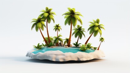 This is a beautiful 3D rendering of a tropical island. The island has white sand beaches, palm trees, and a blue ocean.