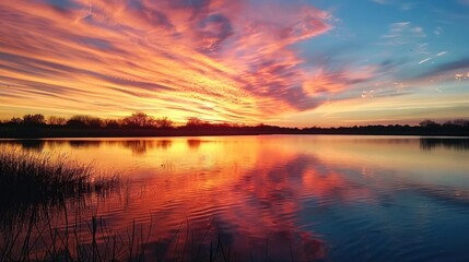 Obraz premium A serene sunset over a tranquil lake, with vibrant colors reflecting off the water. -