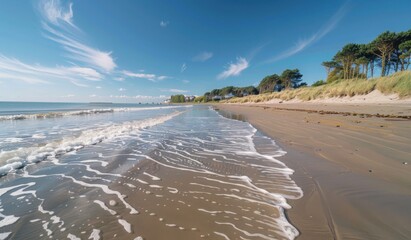 Waves creating intricate patterns in the sand on a beach