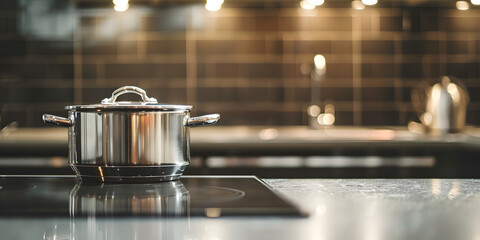 Polished ceramic surface with a soft-focus background of a modern kitchen, suitable for premium cookware or gourmet food products