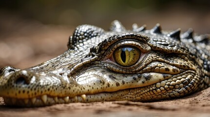 Fototapeta premium Close-up macro photo of wild crocodile eyes, yellow eyes with green crocodile body. With a crocodile head in the background