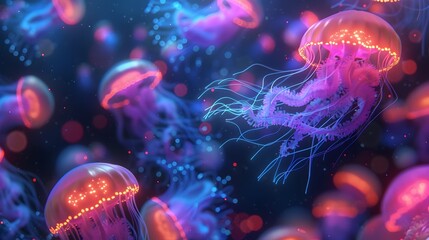 Naklejka premium Stunning 3D Rendering of Vibrant Bioluminescent Protozoans,Amoeba-Like Organisms,and Radiant Microscopic Jellyfish-Esque Creatures Floating in an Ethereal.