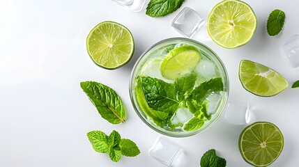 Glass of mojito cocktail with lime and mint leaves on white background, product photography, professional food photo.