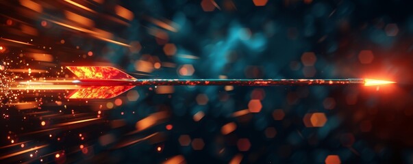Dynamic close-up of a glowing arrow in motion with sparks and vibrant colors, symbolizing speed, precision, and focus.