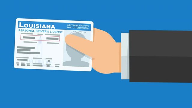 A hand presents a driver's license from the US state of Louisiana from the right on blue background (flat design)