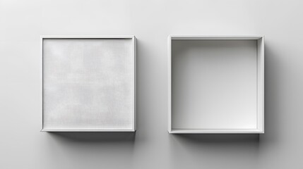 White blank open and closed box mockup on isolated background. Top view of square packaging template presentation design for branding concept with copy space.