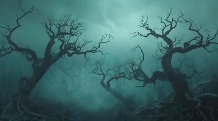eerie halloween woods with misty atmosphere and twisted trees horror concept ai generated illustration