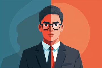 Illustration of a business professional in split color background, symbolizing duality, choices, and contrasting perspectives.