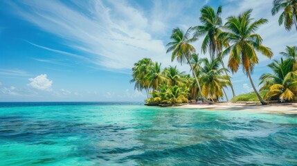 A stunning tropical island with palm trees swaying in the breeze and turquoise waters lapping at the shore. 
