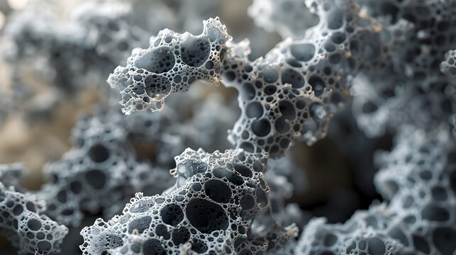 Highly detailed 3D rendering of a microscopic cluster of prion proteins,showcasing their intricate,knotted molecular structure as captured through advanced electron microscopy techniques.