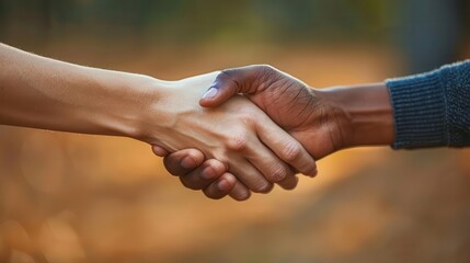 close up of two people shaking hands in a field