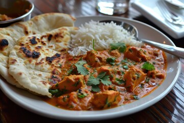 Deliciously Spicy Indian Curry Accompanied by Warm Naan Bread and Fluffy Rice