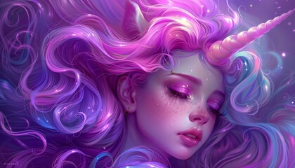 Obraz premium Girl model with unicorn horn poses for a portrait with eye makeup, pink hairstyle and luscious lips.