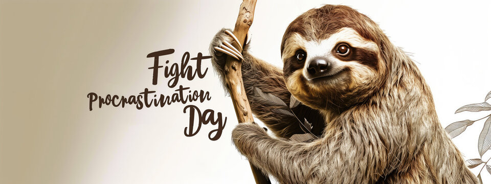 Fight Procrastination Day Campaign with Cute Sloth Holding Tree Branch.